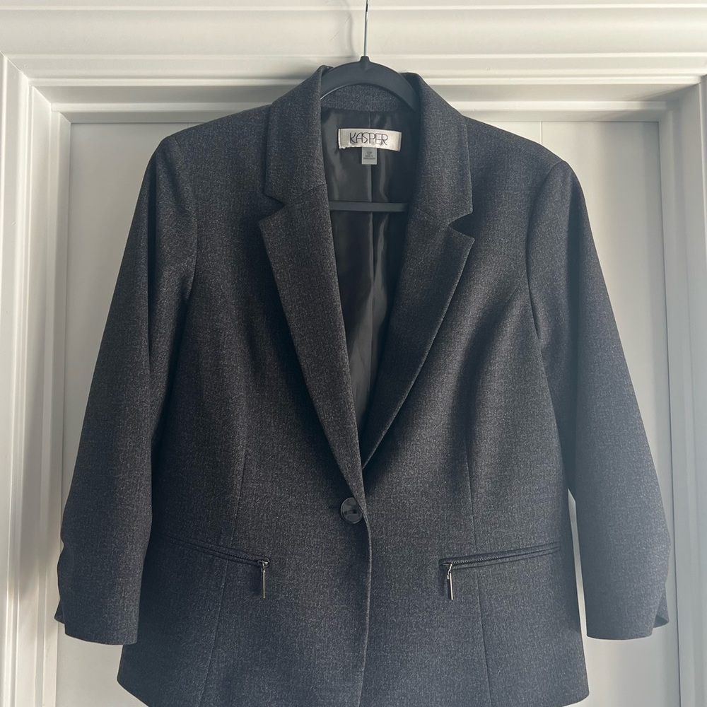 Kasper Charcoal Blazer with Zipper Pockets/Ruched Sleeves